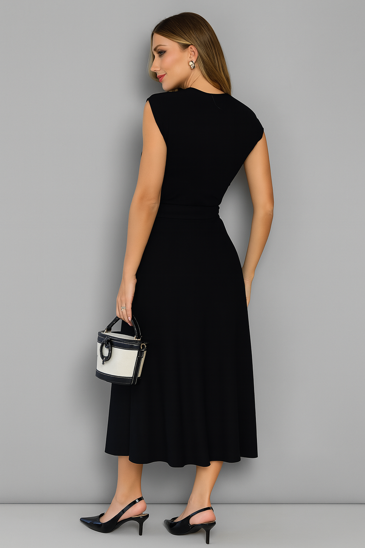 Elegant Black Midi Dress with Belt – Sleeveless Cotton-Blend Dress
