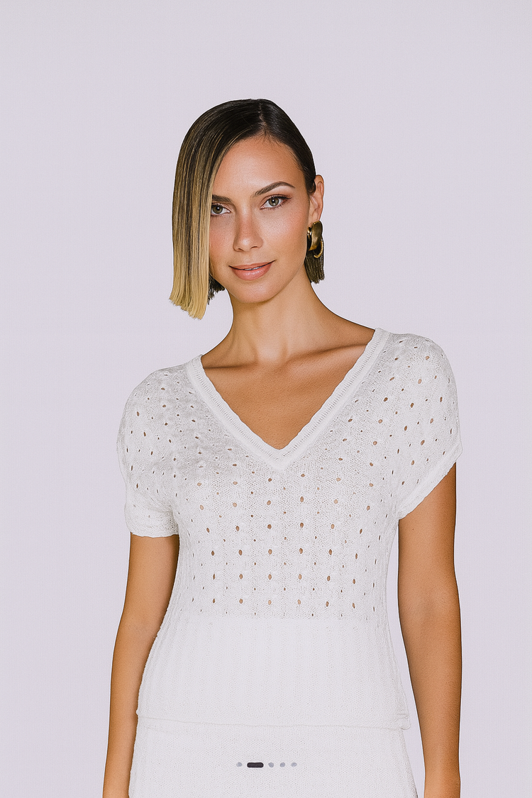 White Eyelet Knit Blouse – Puff Sleeve Slim Fit Summer Top