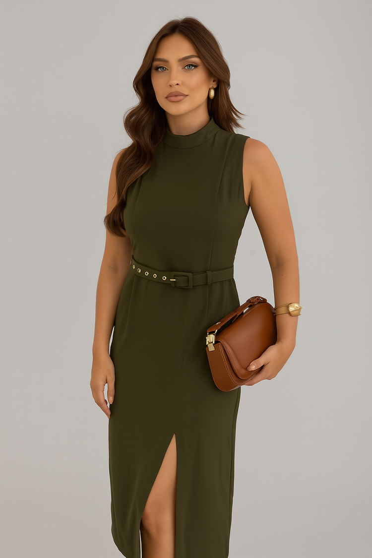 Olive Green Midi Dress with Belt – Sleeveless Tailored Dress