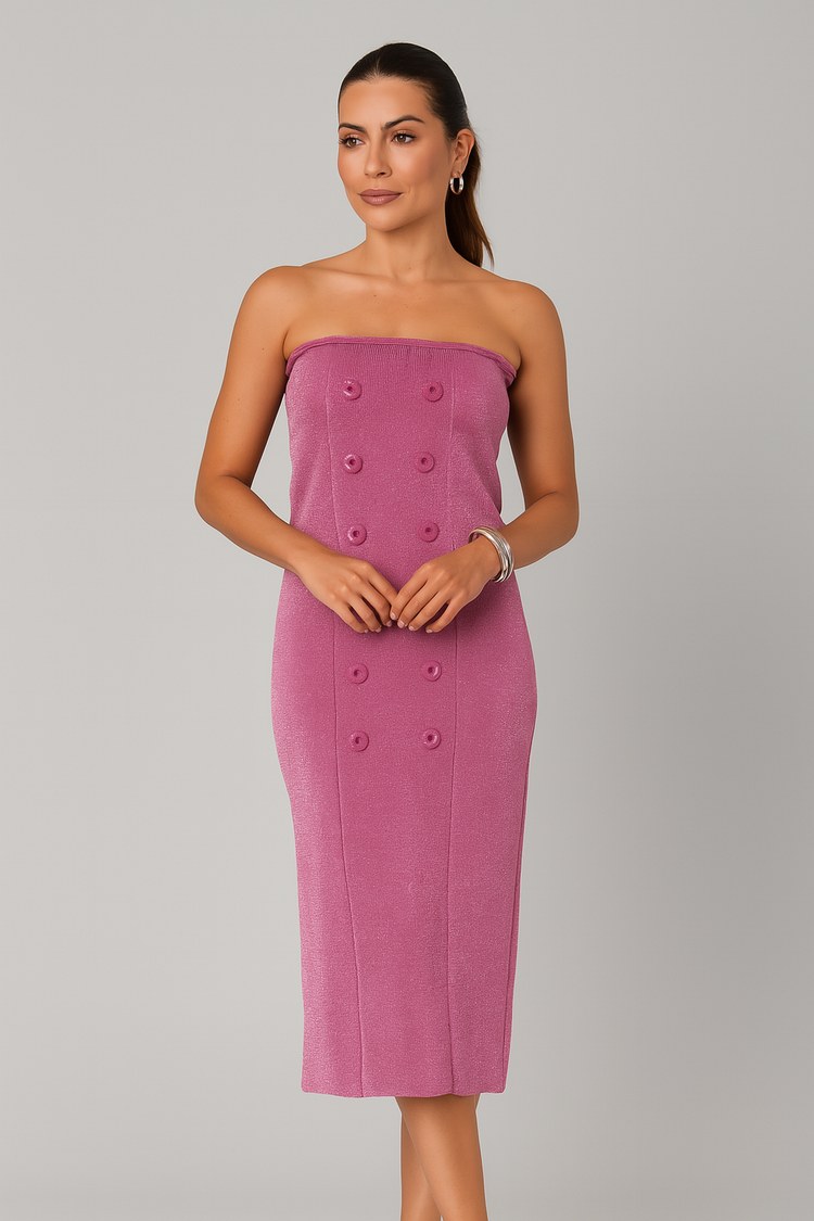 Strapless Pink Knit Dress with Button Detail