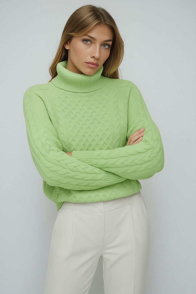 Cable-Knit Turtleneck Sweater – Light Green