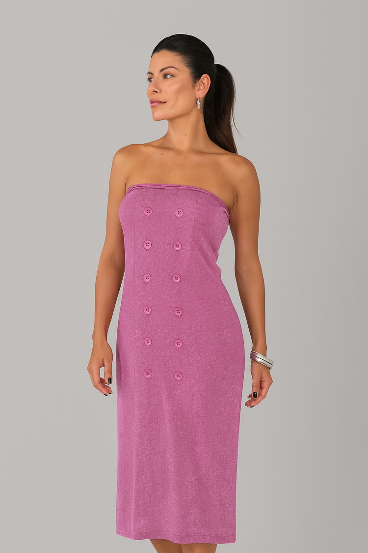 Strapless Pink Knit Dress with Button Detail