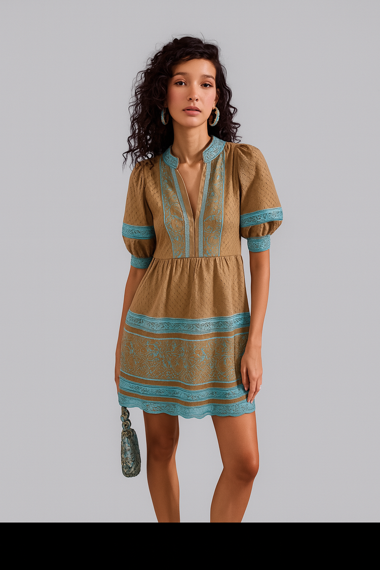 Short Printed A-Line Dress with Puff Sleeves