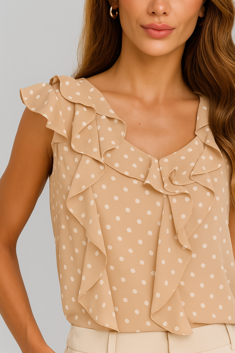Sleeveless Ruffled Blouse with Polka Dots