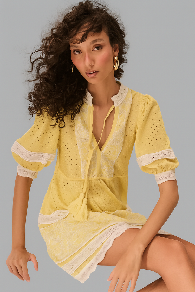 Short Printed A-Line Dress with Puff Sleeves