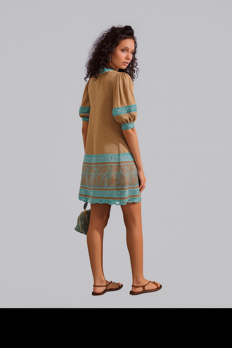 Short Printed A-Line Dress with Puff Sleeves