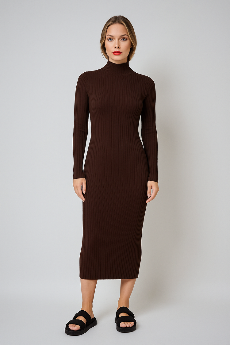 High-Neck Ribbed Knit Dress – Brown