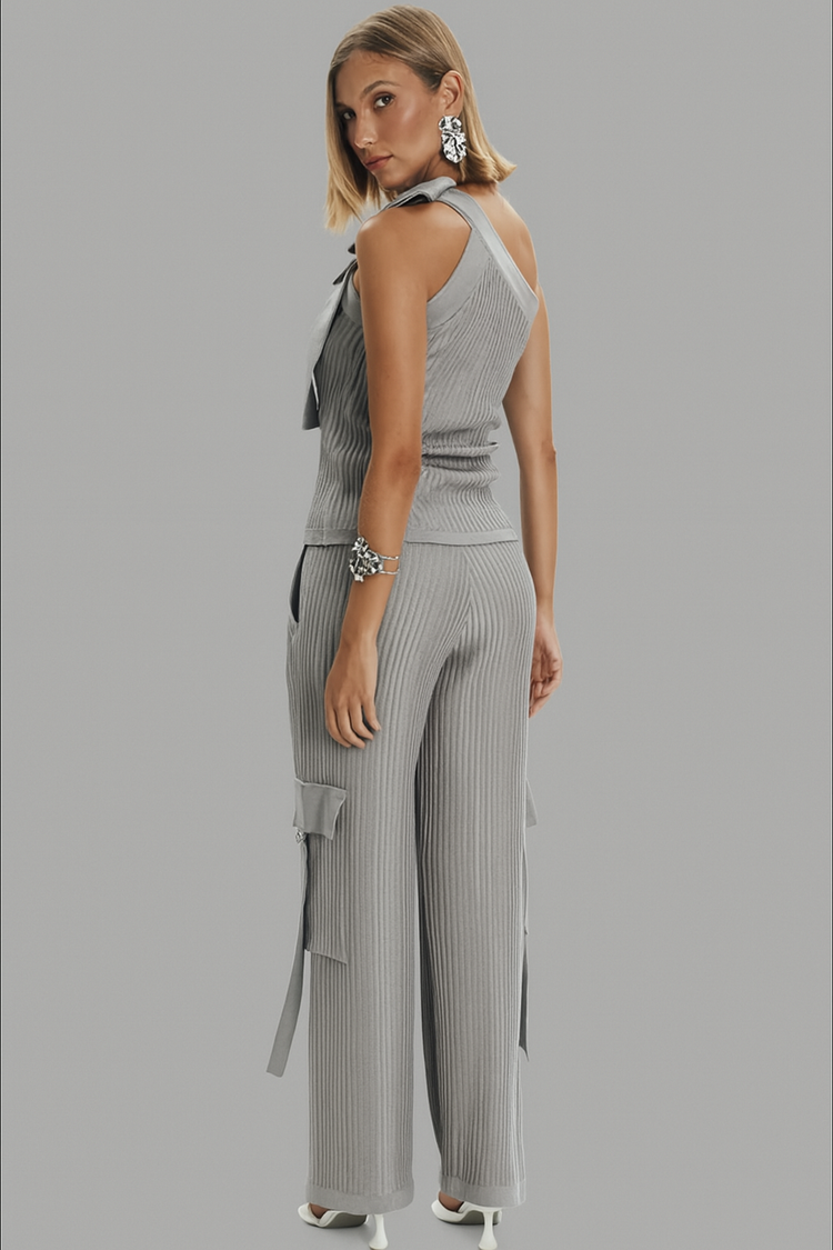One-Shoulder Ribbed Knit Top – Sleek Silver Sleeveless Blouse with Bow Detail