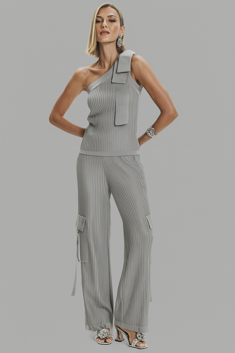 One-Shoulder Ribbed Knit Top – Sleek Silver Sleeveless Blouse with Bow Detail