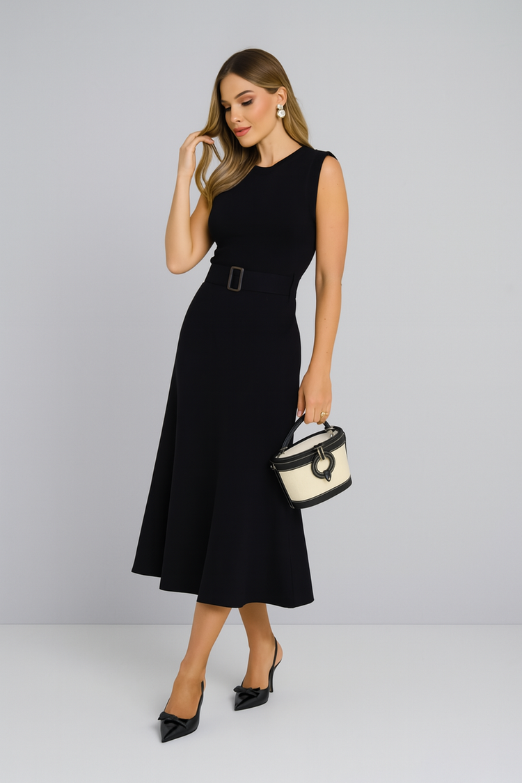 Elegant Black Midi Dress with Belt – Sleeveless Cotton-Blend Dress