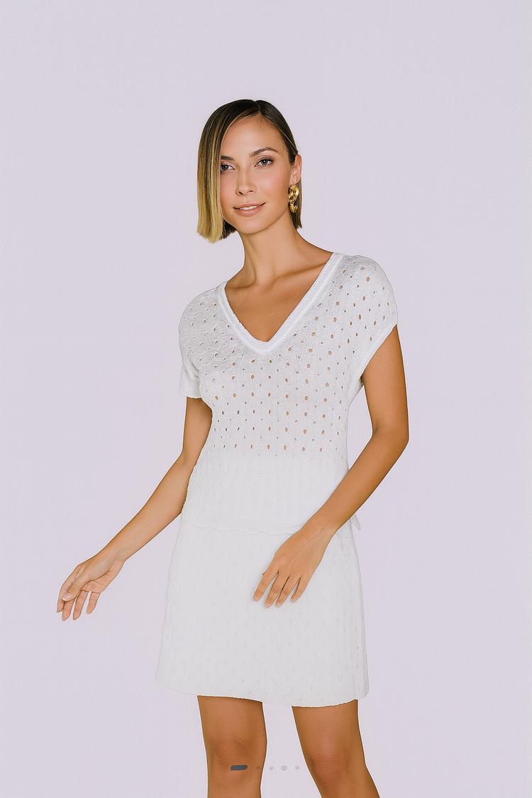 White Eyelet Knit Blouse – Puff Sleeve Slim Fit Summer Top