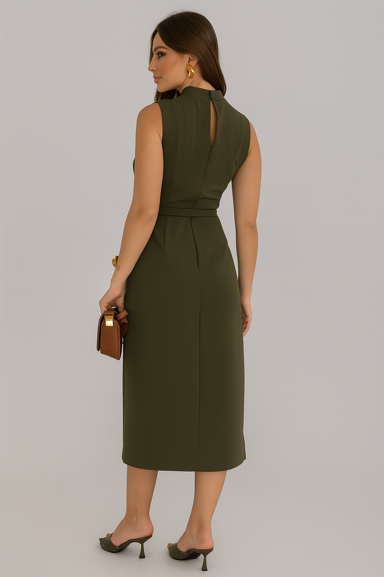 Olive Green Midi Dress with Belt – Sleeveless Tailored Dress