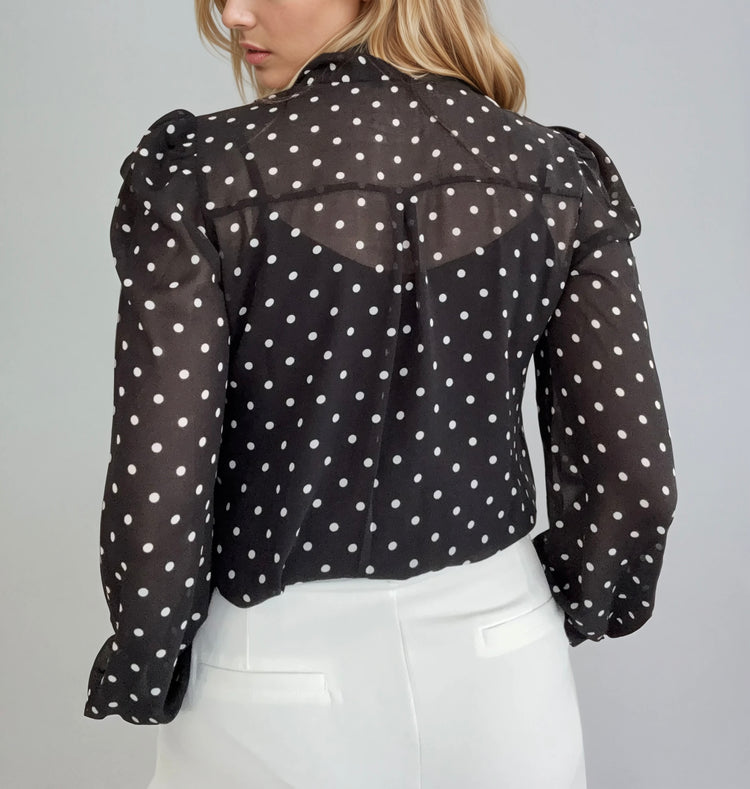 Blouse with Bow Collar and Polka Dot Pattern
