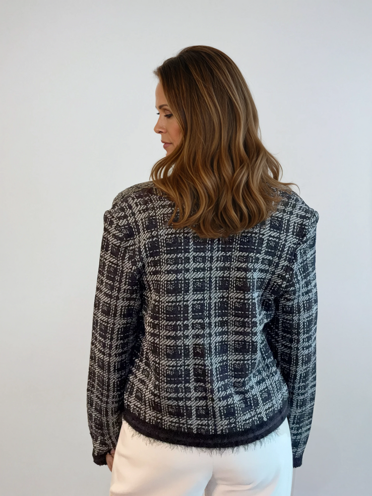 Short Knit Coat with Geometric Pattern – Blue/Black