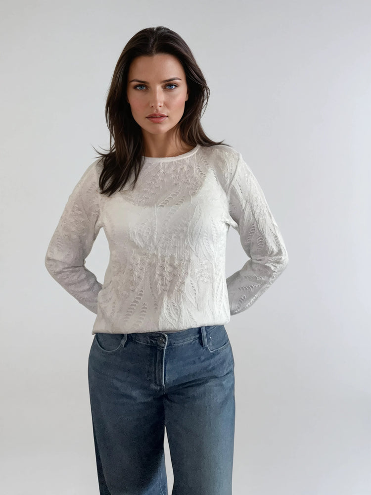 Fine Knit Sweater with Leaf Pattern