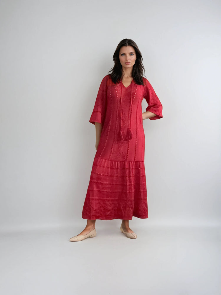 Embroidered Midi Dress with V-Neck – Red