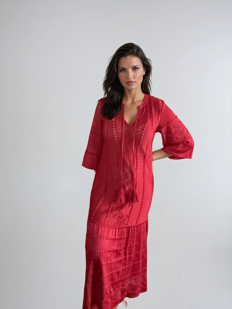 Embroidered Midi Dress with V-Neck – Red