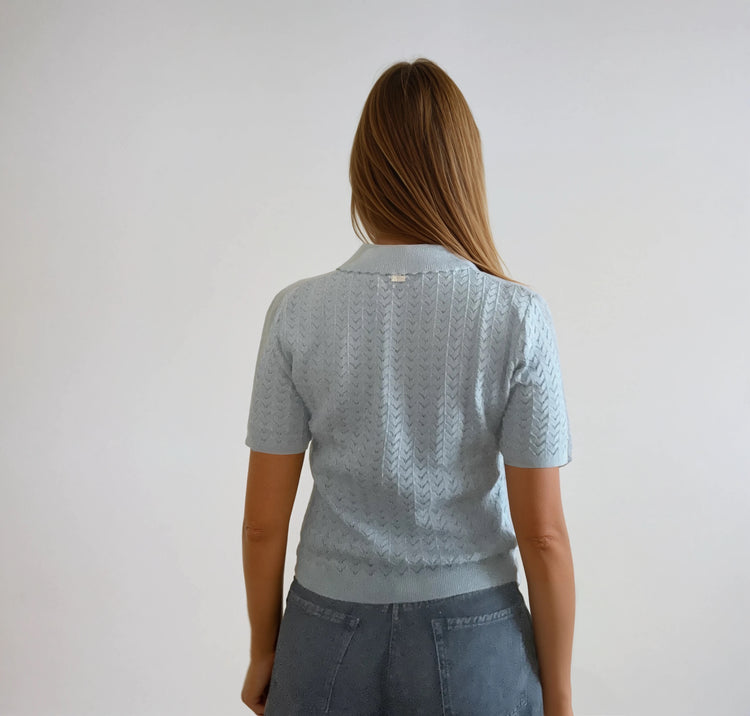 Knit Polo Shirt with Button Placket – Light Blue