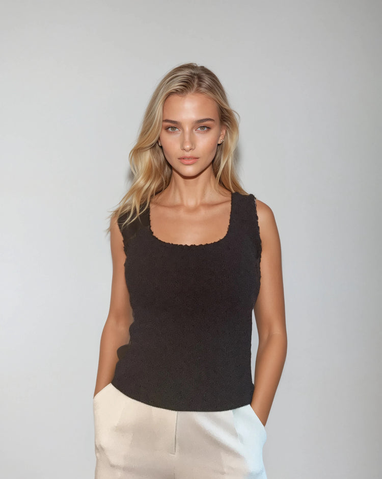 Sleeveless Knit Top with Square Neckline – Black