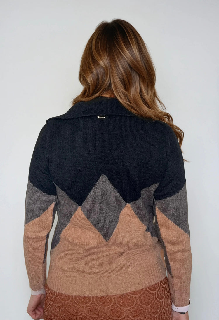 Knit Sweater with V-Neck and Geometric Pattern