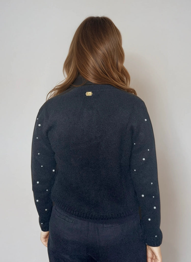 Wool Blazer with Decorative Pearls – Black