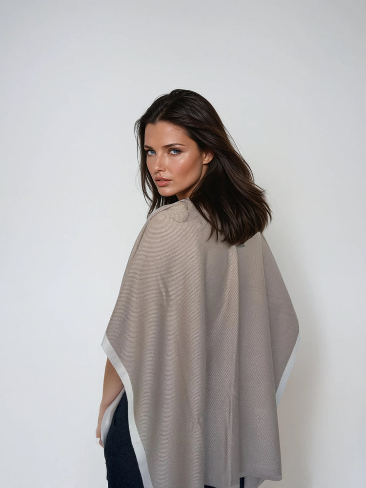 Knit Poncho with Contrast Details – Beige/Off-White