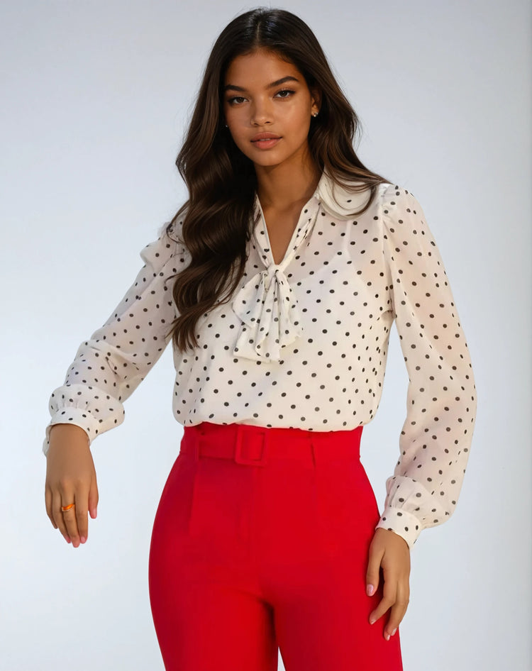 Blouse with Bow Collar and Polka Dot Pattern
