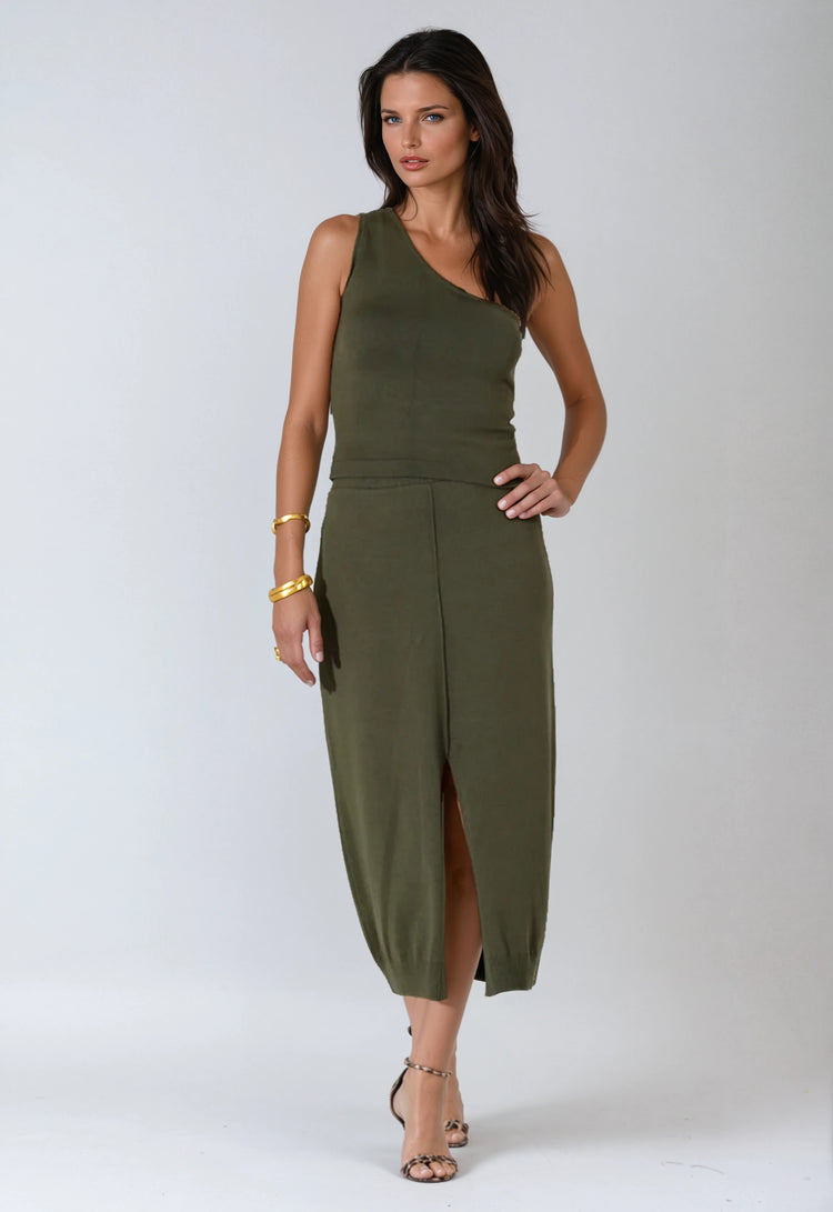 One-Shoulder Ribbed Knit Top - green military