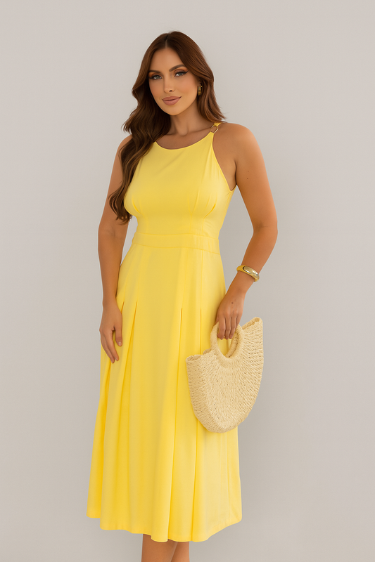 Elegant Yellow Midi Dress – Sleeveless Fit-and-Flare Design