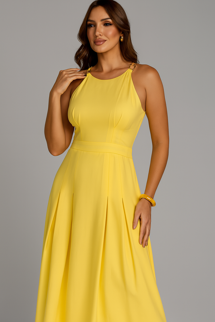 Elegant Yellow Midi Dress – Sleeveless Fit-and-Flare Design
