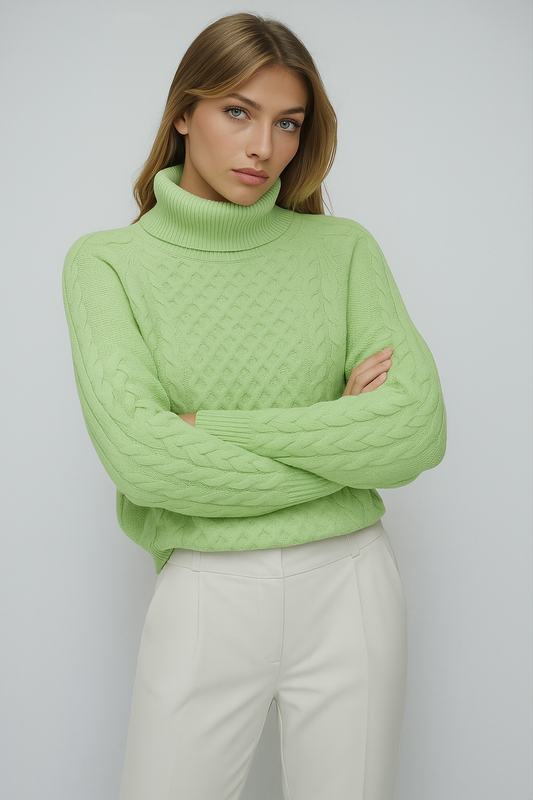 Cable-Knit Turtleneck Sweater – Light Green