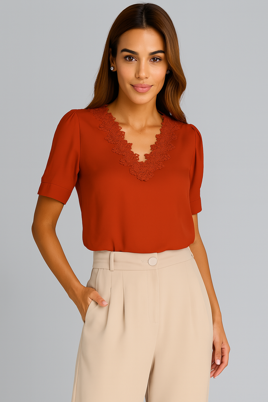Short Sleeve Blouse with Lace V-Neckline