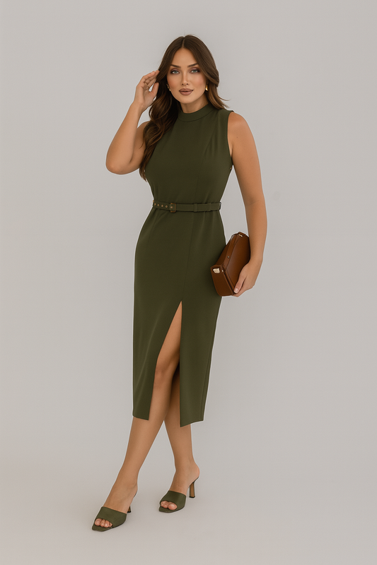 Olive Green Midi Dress with Belt – Sleeveless Tailored Dress