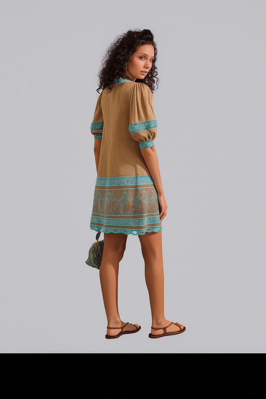 Short Printed A-Line Dress with Puff Sleeves