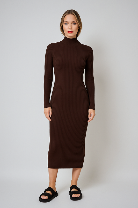 High-Neck Ribbed Knit Dress – Brown