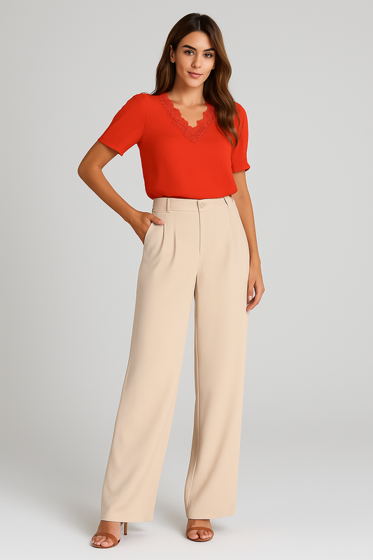 Short Sleeve Blouse with Lace V-Neckline