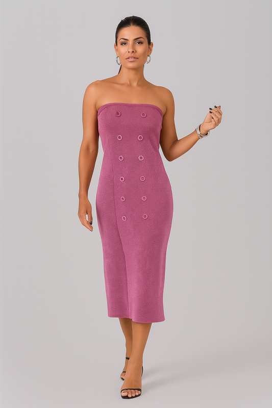 Strapless Pink Knit Dress with Button Detail