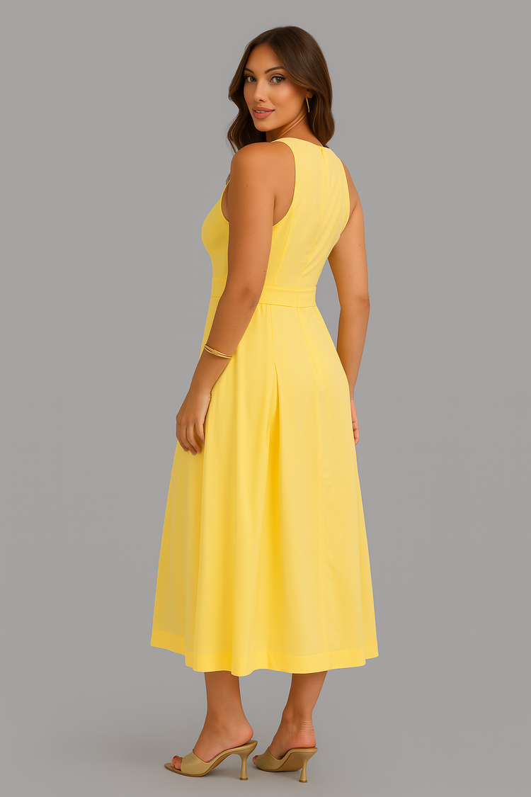 Elegant Yellow Midi Dress – Sleeveless Fit-and-Flare Design