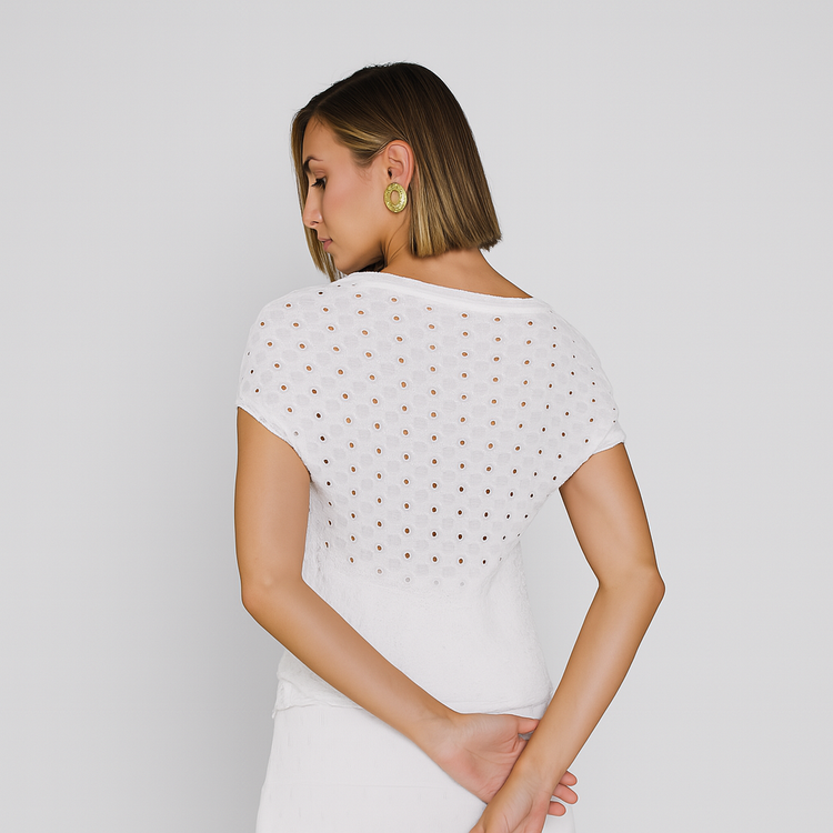 White Eyelet Knit Blouse – Puff Sleeve Slim Fit Summer Top