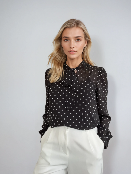 Blouse with Bow Collar and Polka Dot Pattern