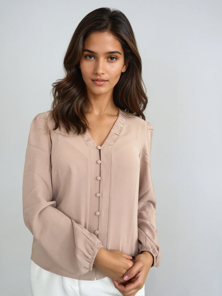 Blouse with Button Placket and Ruffled Collar