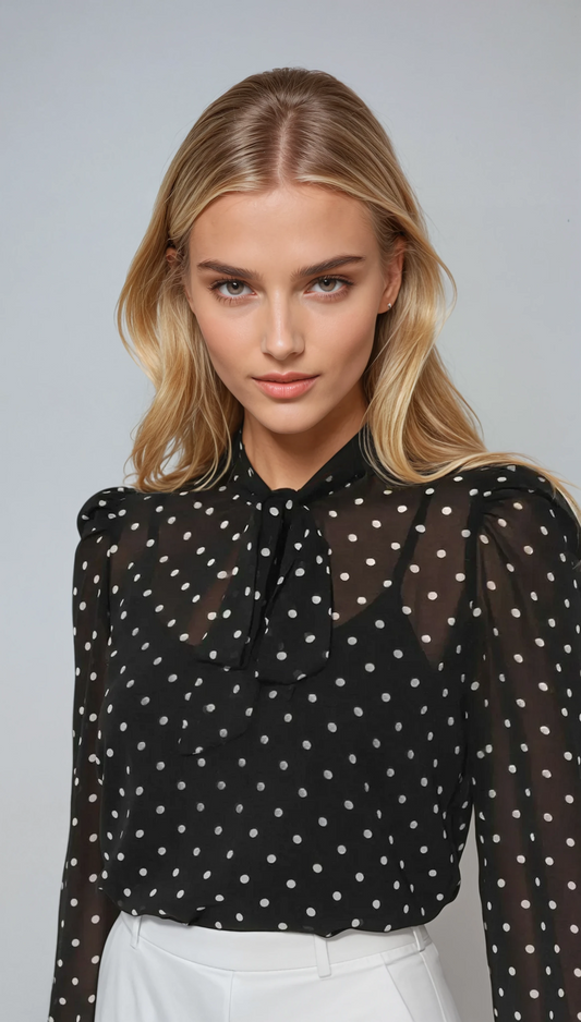 Blouse with Bow Collar and Polka Dot Pattern