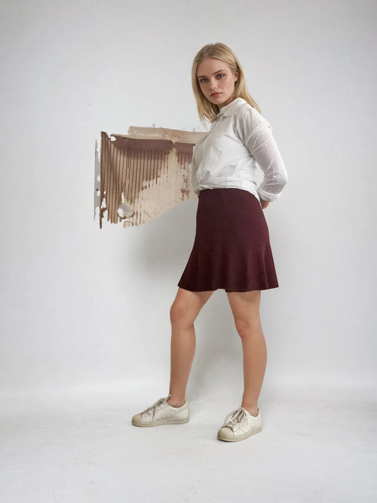 Flared Knit Mini Skirt – Wine Red