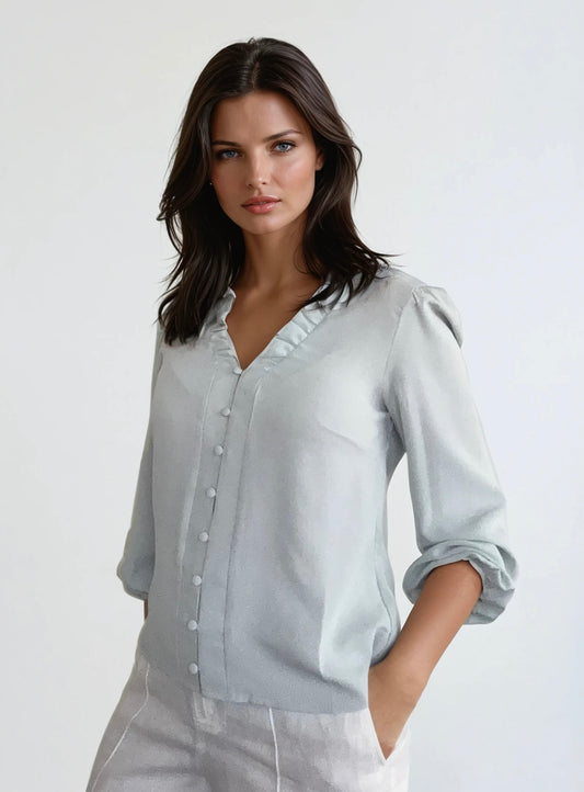 Blouse with Button Placket and Ruffled Collar