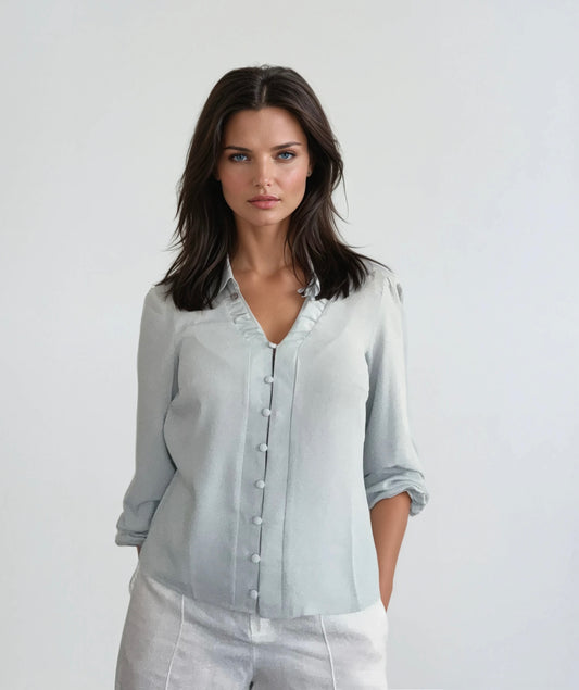 Blouse with Button Placket and Ruffled Collar