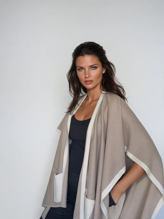 Knit Poncho with Contrast Details – Beige/Off-White