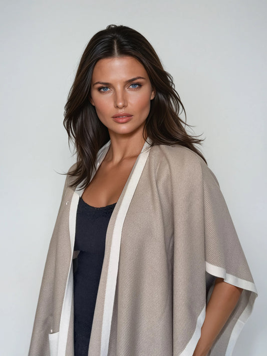 Knit Poncho with Contrast Details – Beige/Off-White