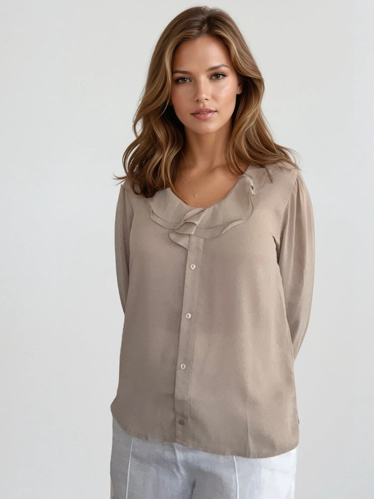 Light Taupe Ruffle Front Blouse – Long Sleeve Button-Up Top