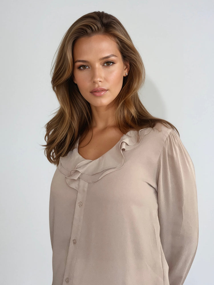 Light Taupe Ruffle Front Blouse – Long Sleeve Button-Up Top