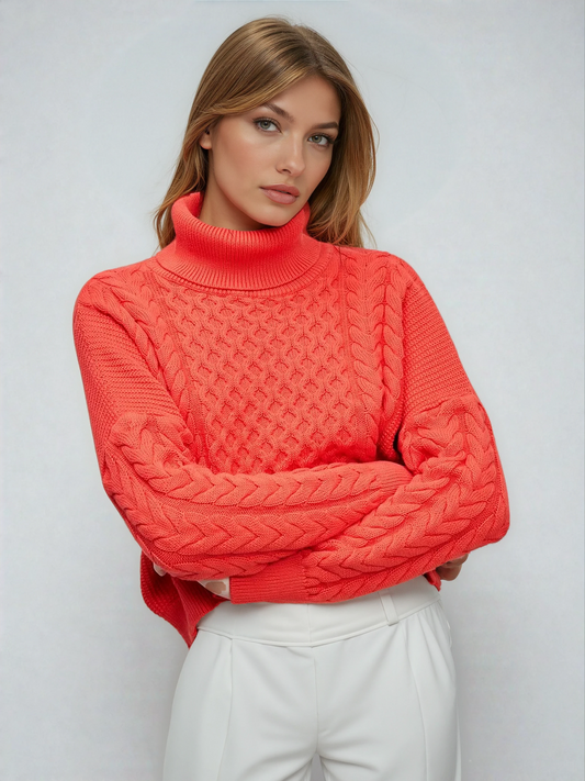 Cable-Knit Turtleneck Sweater – Red